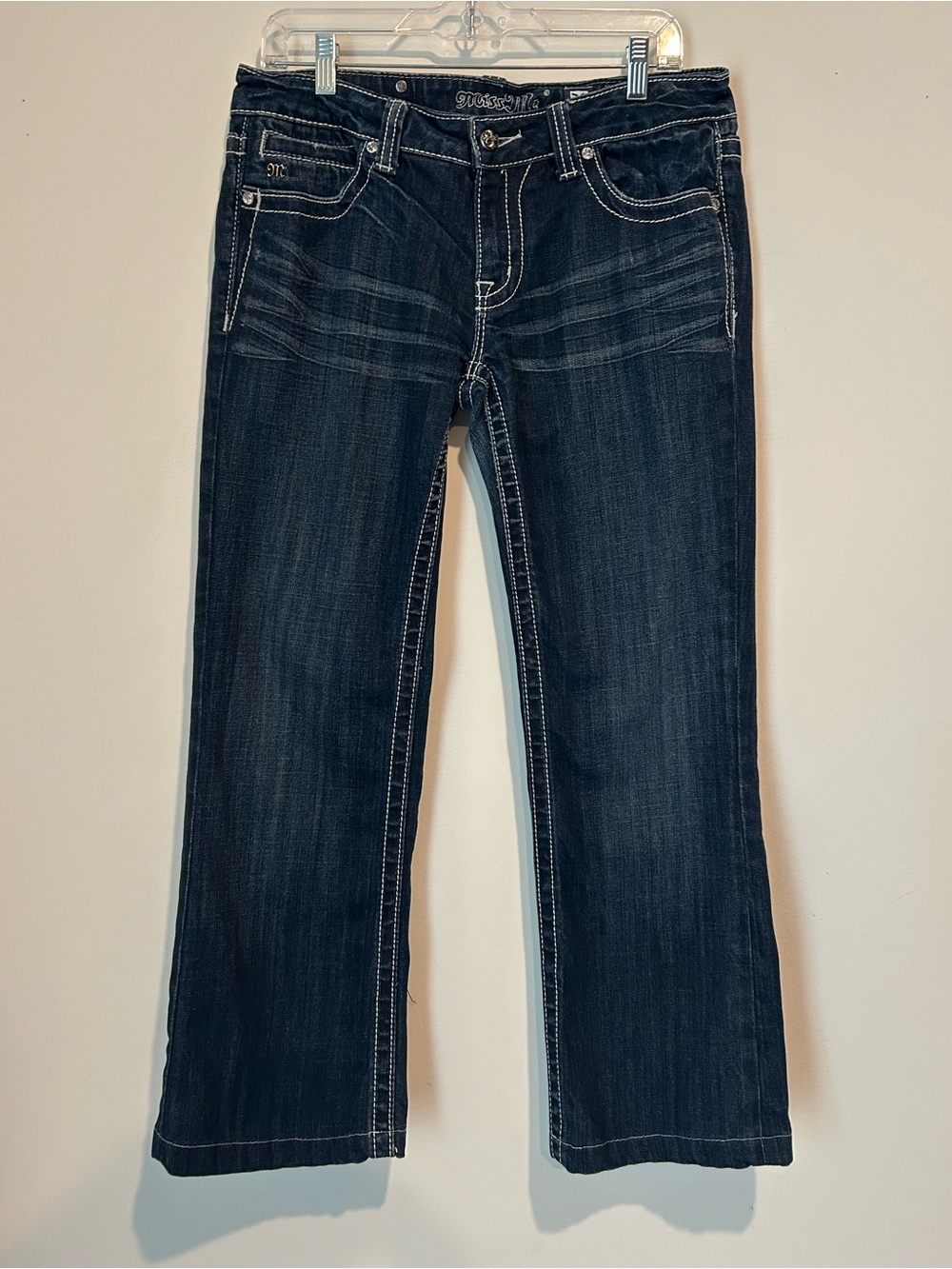 Miss Me Dark Blue Boot Cut Jeans with White Stitching